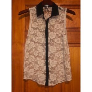 See through button down collared top